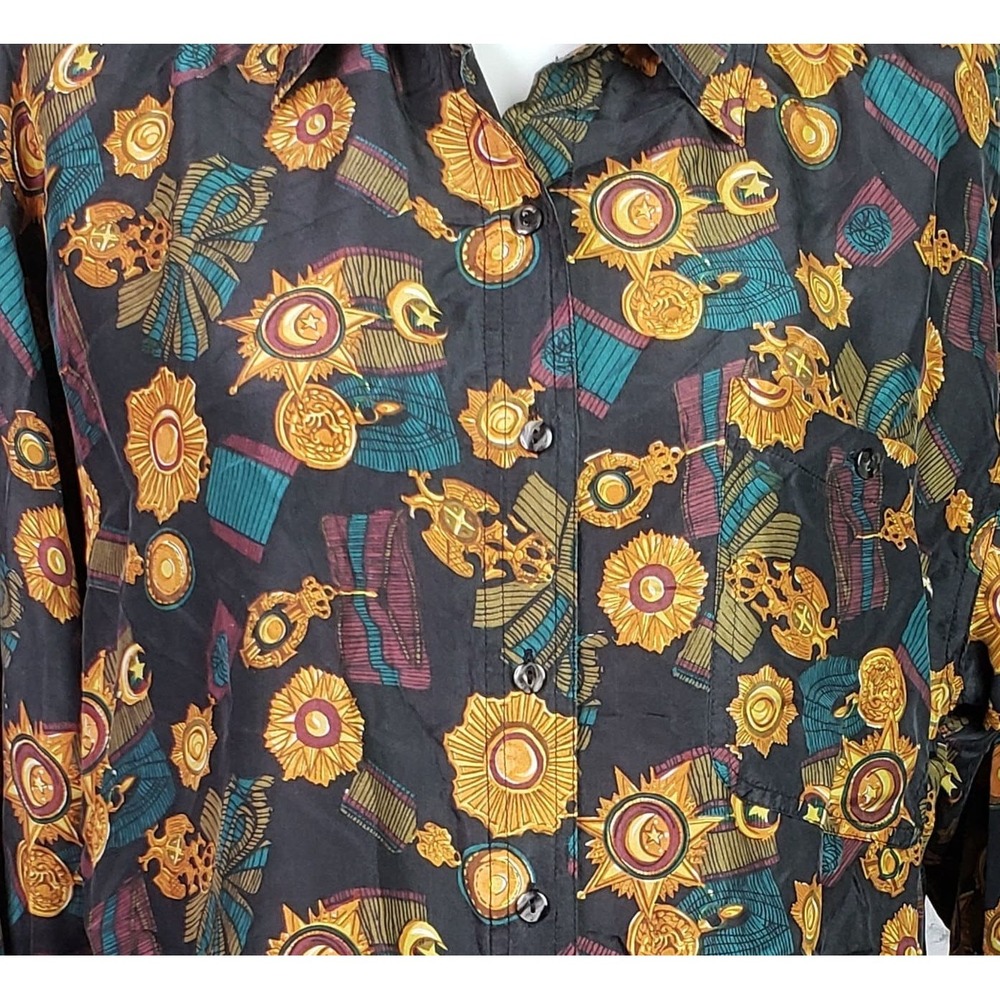 Vintage 80s navy blue silk blouse baroque medals ribbons print sz‎ M by Whistles - Picture 4 of 7
